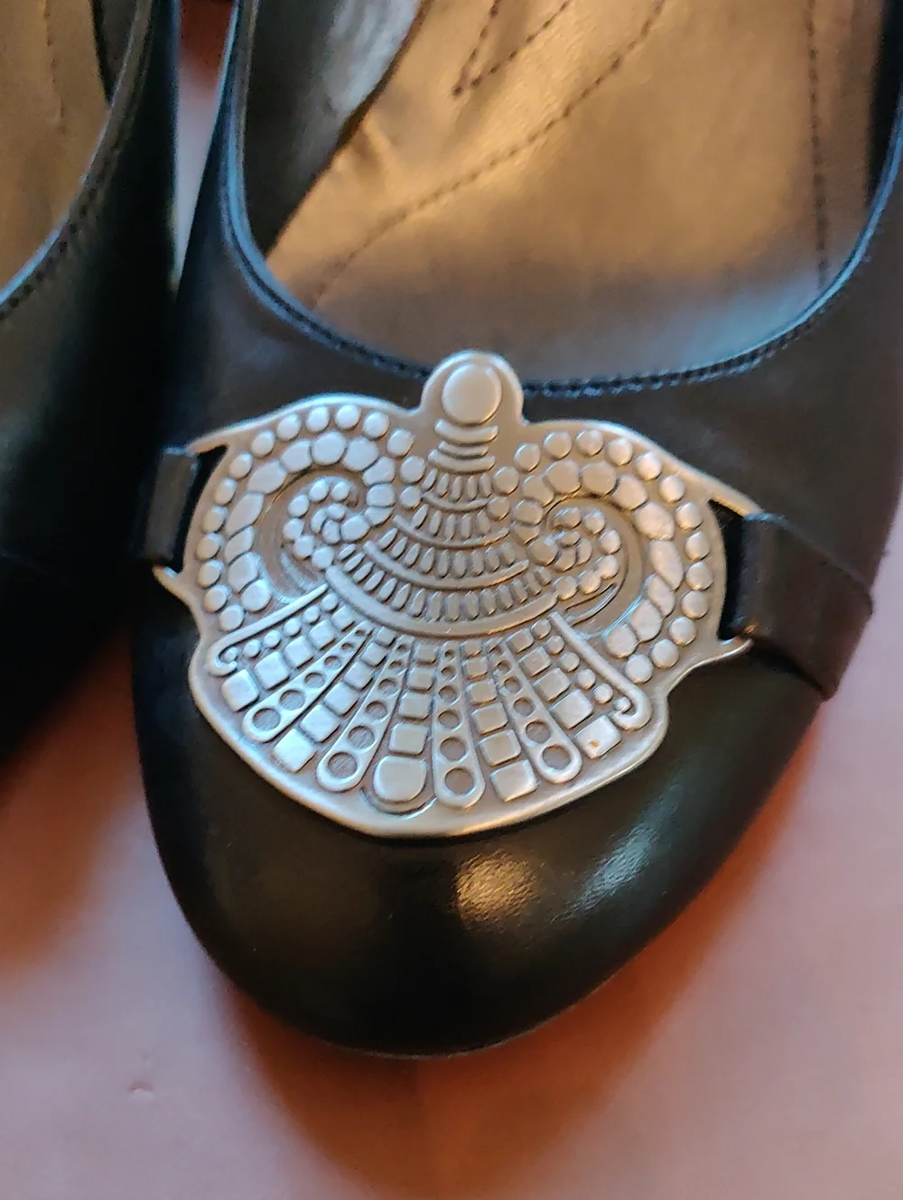 Tahari Black Leather Heels with Silver Decorative Medallions